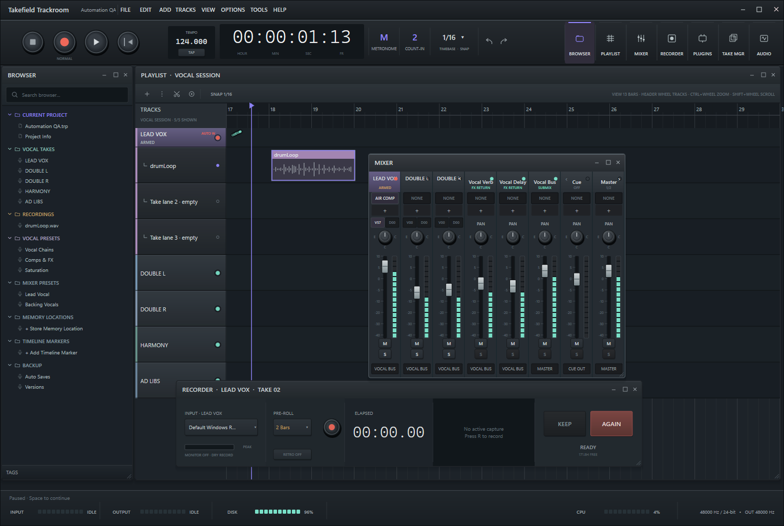 Takefield Trackroom development build with the Browser, Playlist, Mixer and Recorder open in a working tracking session